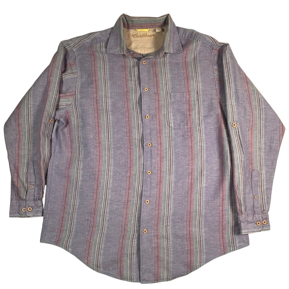 Caribbean Men's XLT Linen Cotton Striped Roll Tab Long Sleeve Shirt